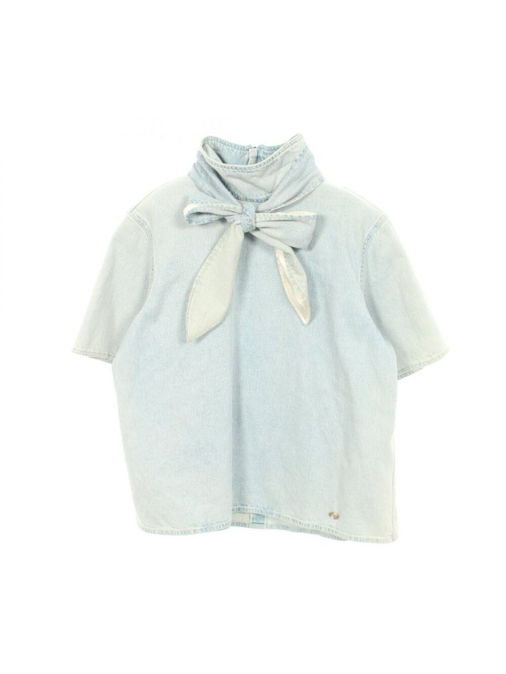 Chanel Blouse CC Logo Button Bowtie Denim Short Sleeve Cotton